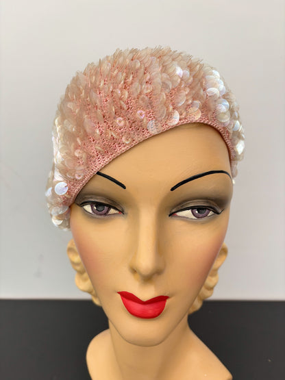 1950s/60s Pink Iridescent Sequin Crochet Cap Hat