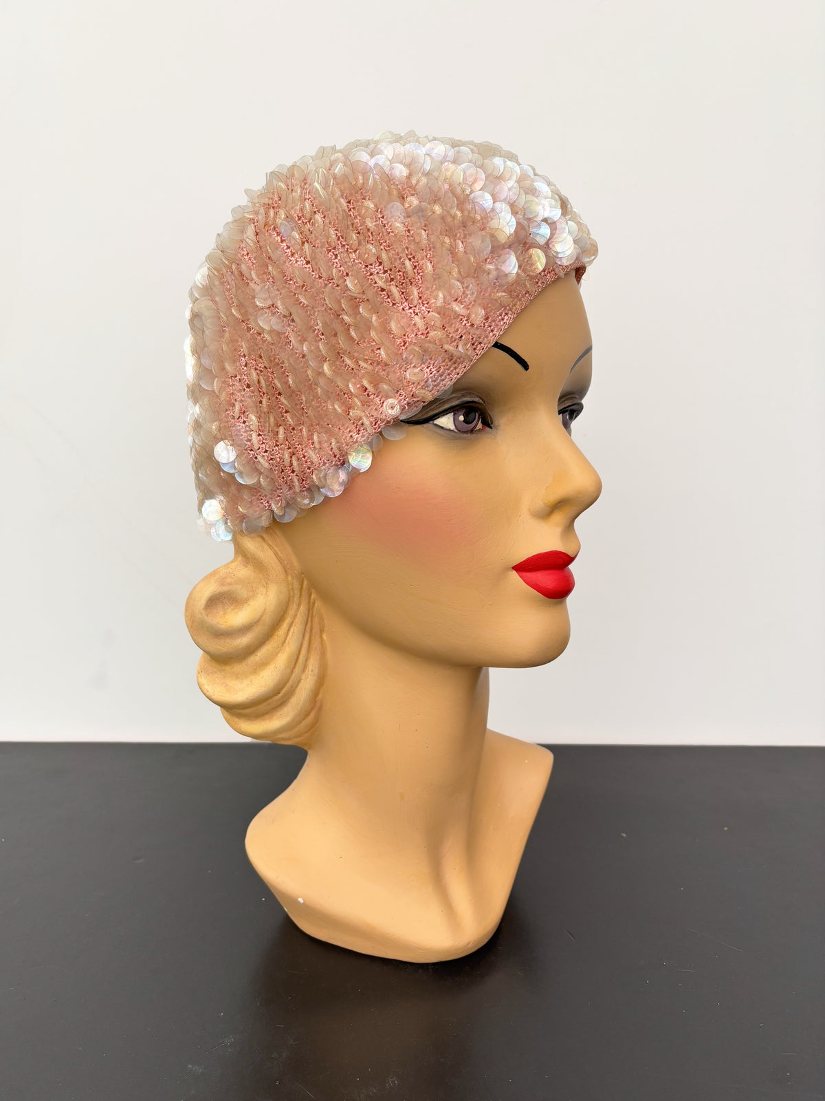 1950s/60s Pink Iridescent Sequin Crochet Cap Hat