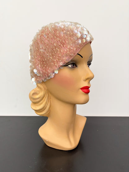 1950s/60s Pink Iridescent Sequin Crochet Cap Hat
