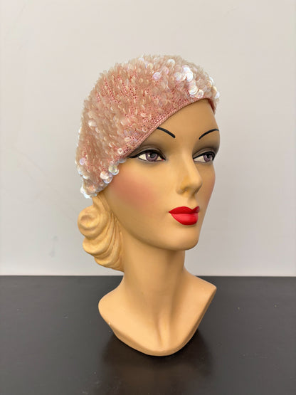1950s/60s Pink Iridescent Sequin Crochet Cap Hat