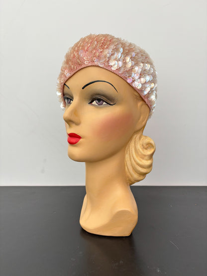 1950s/60s Pink Iridescent Sequin Crochet Cap Hat