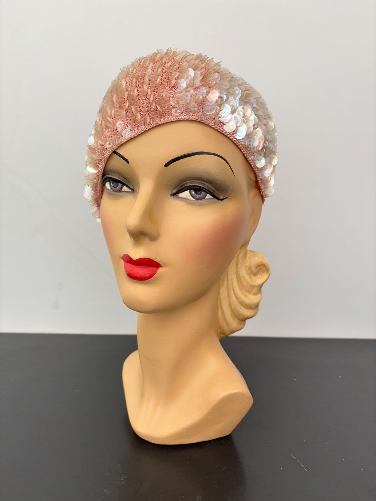 1950s/60s Pink Iridescent Sequin Crochet Cap Hat