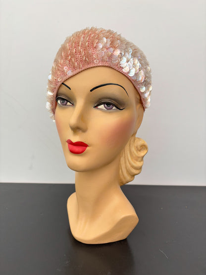 1950s/60s Pink Iridescent Sequin Crochet Cap Hat