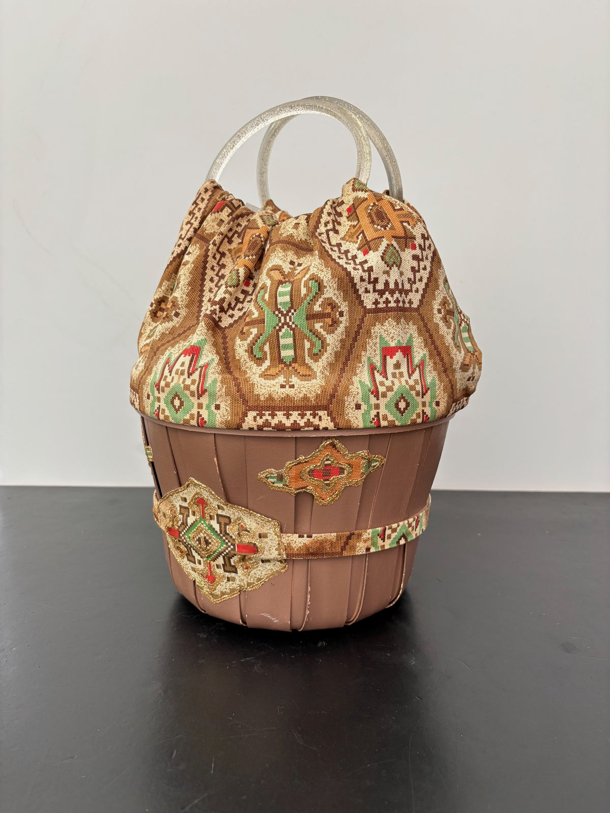 1950s Aztec Southwestern Wooden Bucket Bag with Glitter Lucite Handles