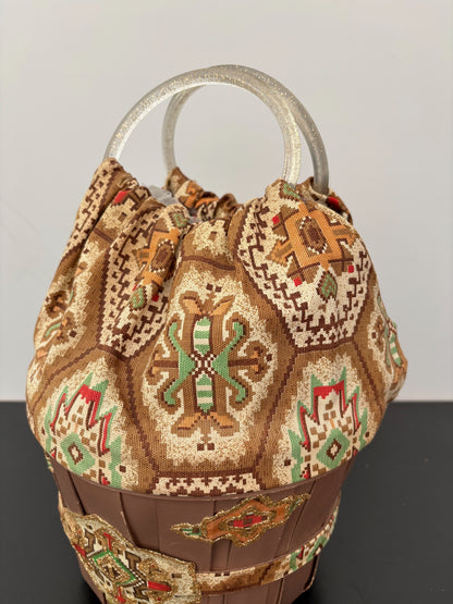 1950s Aztec Southwestern Wooden Bucket Bag with Glitter Lucite Handles