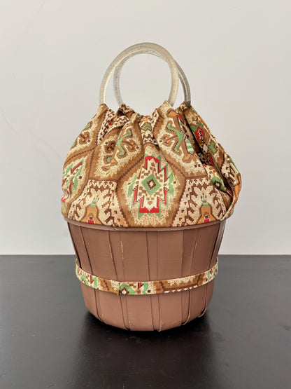 1950s Aztec Southwestern Wooden Bucket Bag with Glitter Lucite Handles