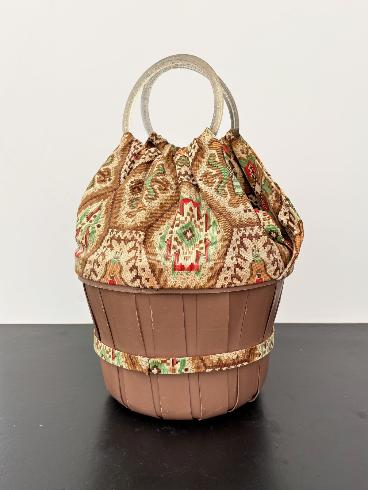 1950s Aztec Southwestern Wooden Bucket Bag with Glitter Lucite Handles