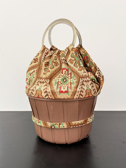 1950s Aztec Southwestern Wooden Bucket Bag with Glitter Lucite Handles