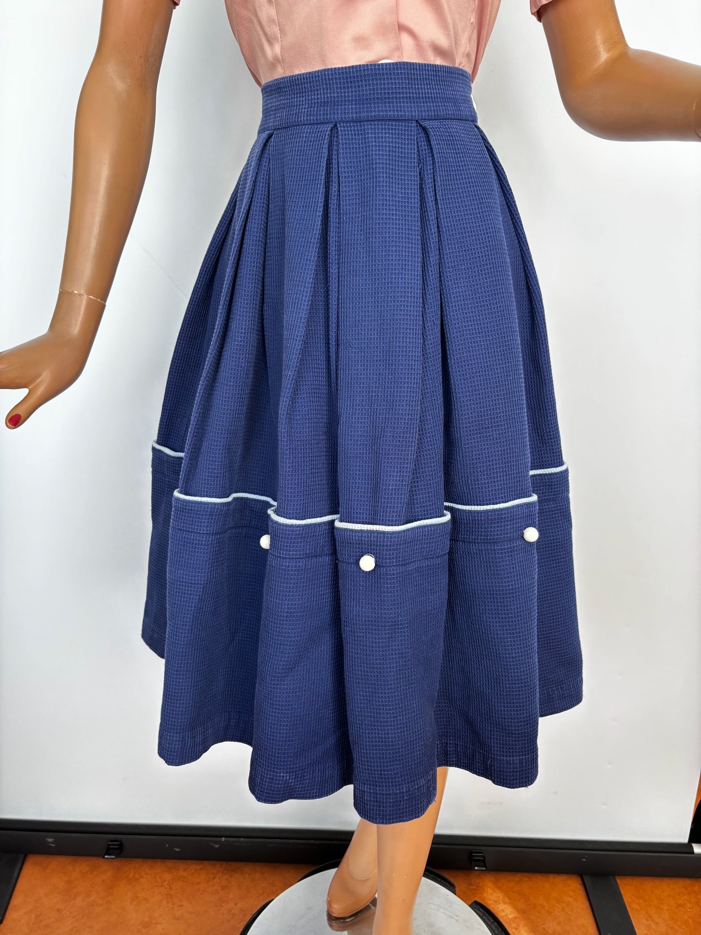 1950s Navy Blue Waffle Cotton Pouch Skirt |  S