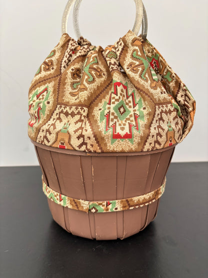 1950s Aztec Southwestern Wooden Bucket Bag with Glitter Lucite Handles