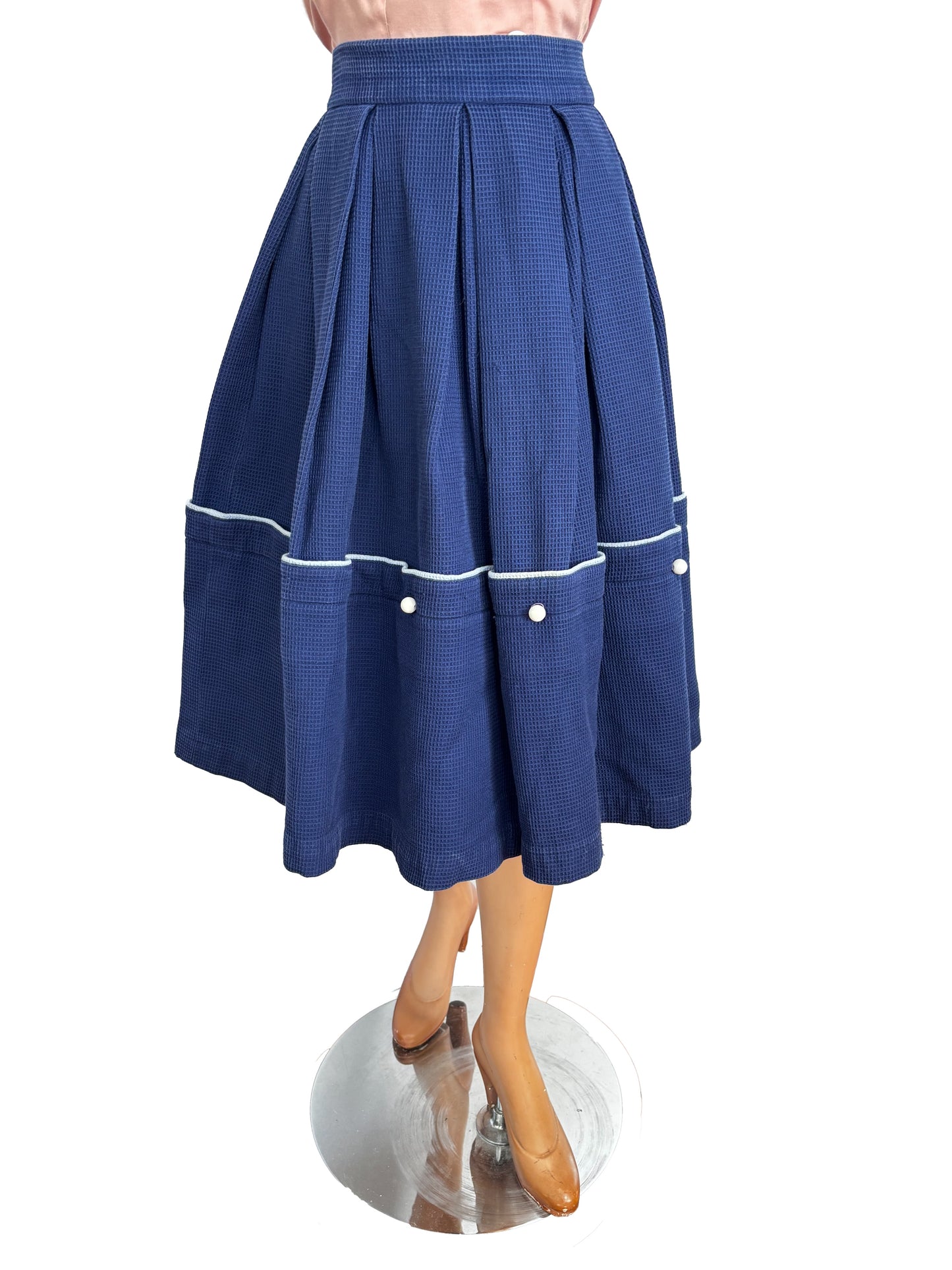 1950s Navy Blue Waffle Cotton Pouch Skirt |  S