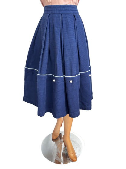 1950s Navy Blue Waffle Cotton Pouch Skirt |  S