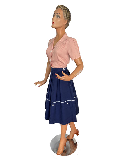 1950s Navy Blue Waffle Cotton Pouch Skirt |  S