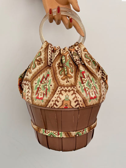 1950s Aztec Southwestern Wooden Bucket Bag with Glitter Lucite Handles