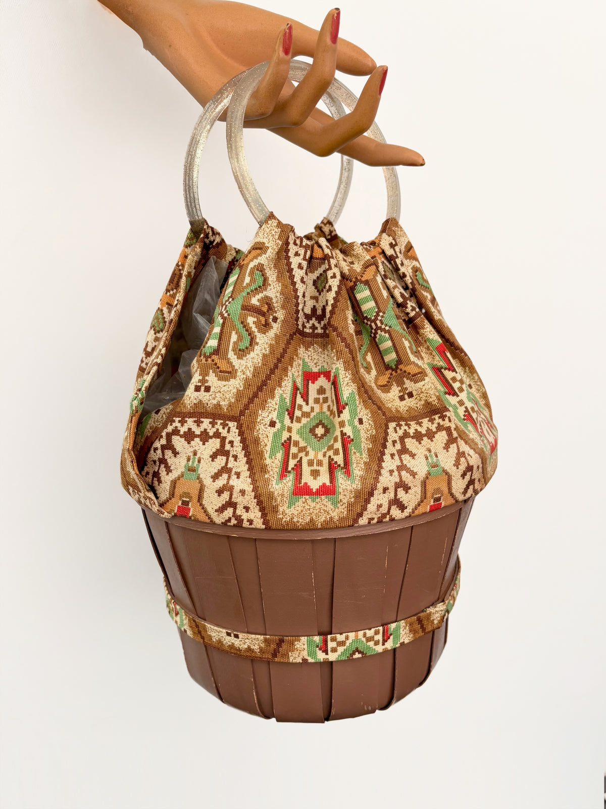 1950s Aztec Southwestern Wooden Bucket Bag with Glitter Lucite Handles