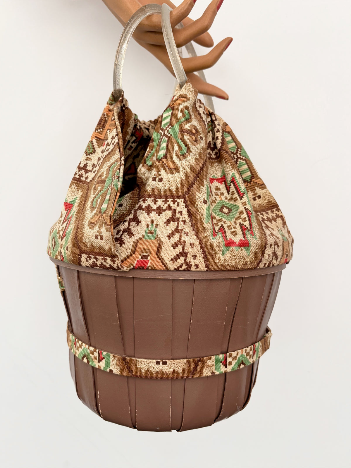 1950s Aztec Southwestern Wooden Bucket Bag with Glitter Lucite Handles