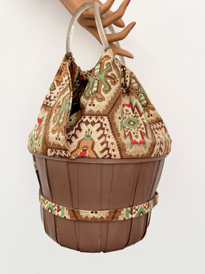 1950s Aztec Southwestern Wooden Bucket Bag with Glitter Lucite Handles