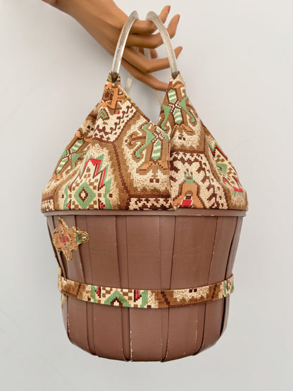 1950s Aztec Southwestern Wooden Bucket Bag with Glitter Lucite Handles