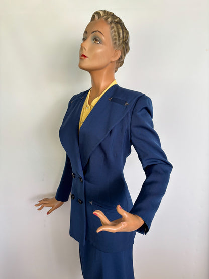 S/XS | 1940s Blue Wool Gabardine Skirt Suit Polly Parker