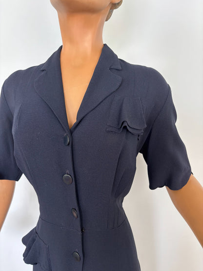 L | 1940s Carmen Classic Crepe Button Down Dress