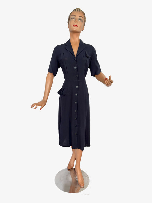 L | 1940s Carmen Classic Crepe Button Down Dress
