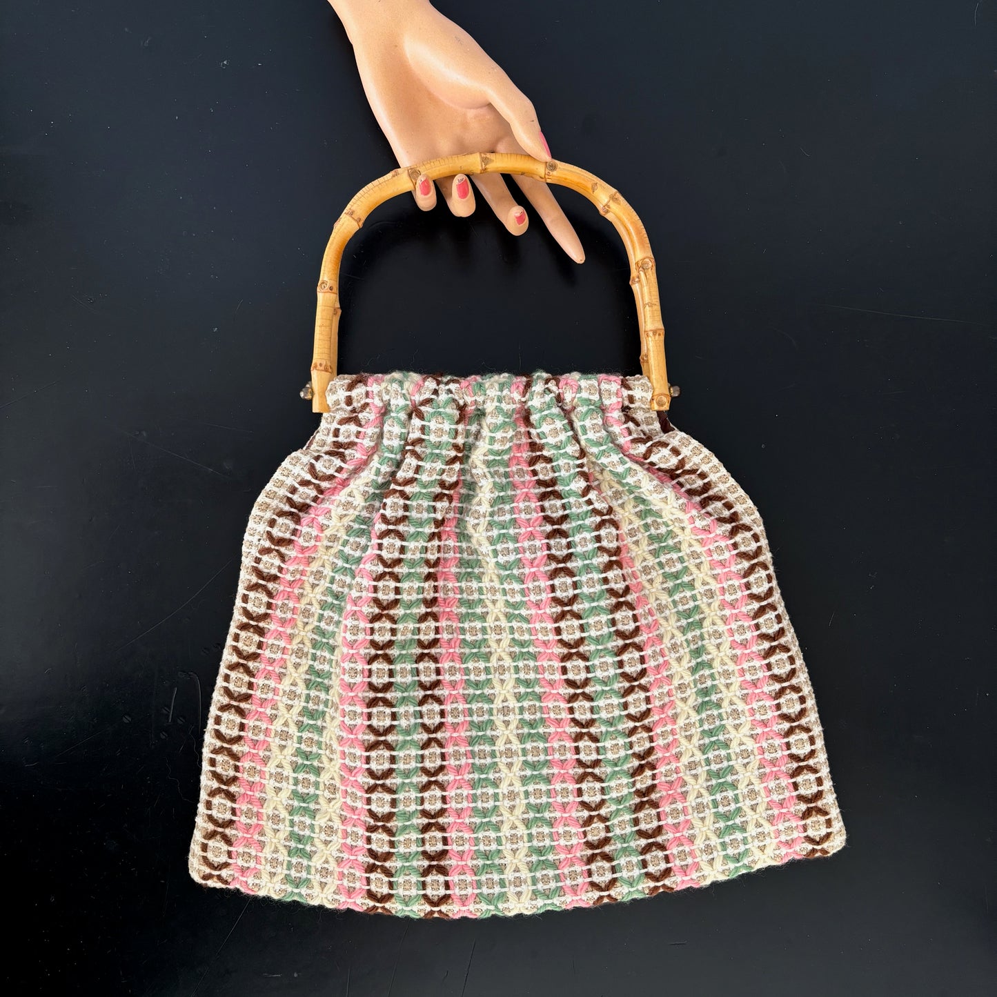 Mid Century Decorated Fabric Handbag Bamboo Frame