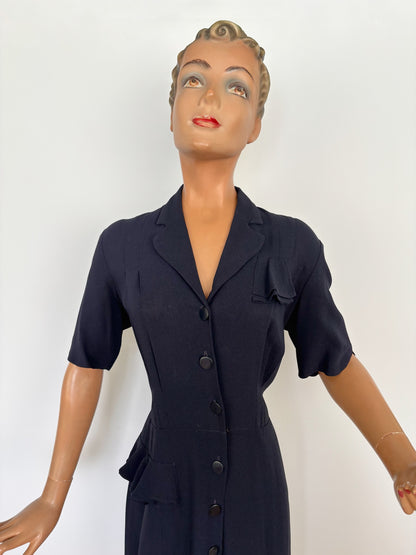 L | 1940s Carmen Classic Crepe Button Down Dress