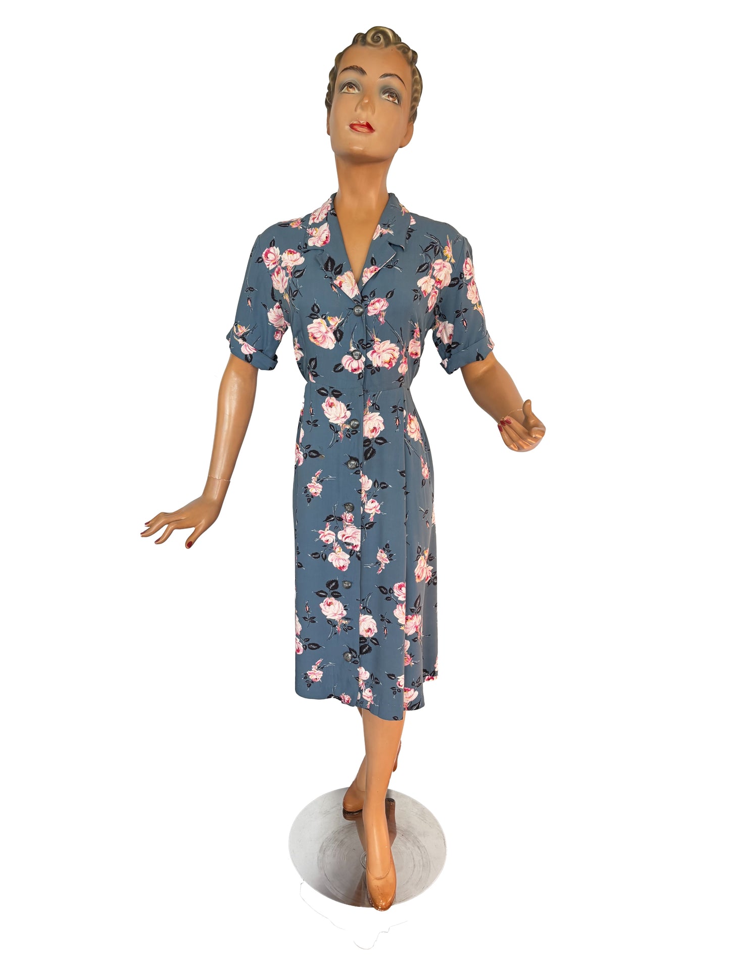 1940s Rayon Button Down Dress | L/XL