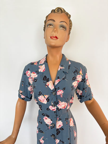 1940s Rayon Button Down Dress | L/XL