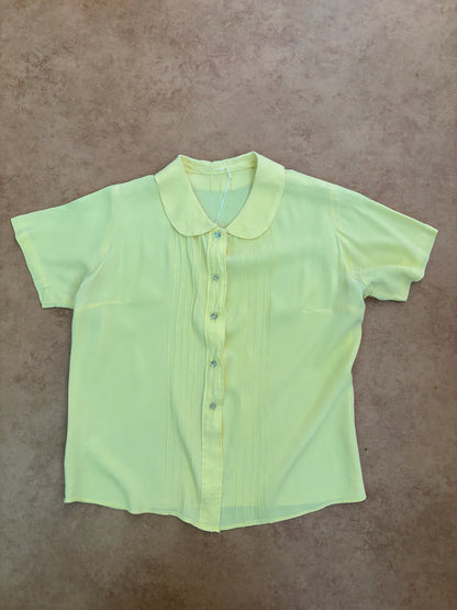S/M | 1940s/50s Yellow Rayon Crepe Blouse With Peter Pan Collar