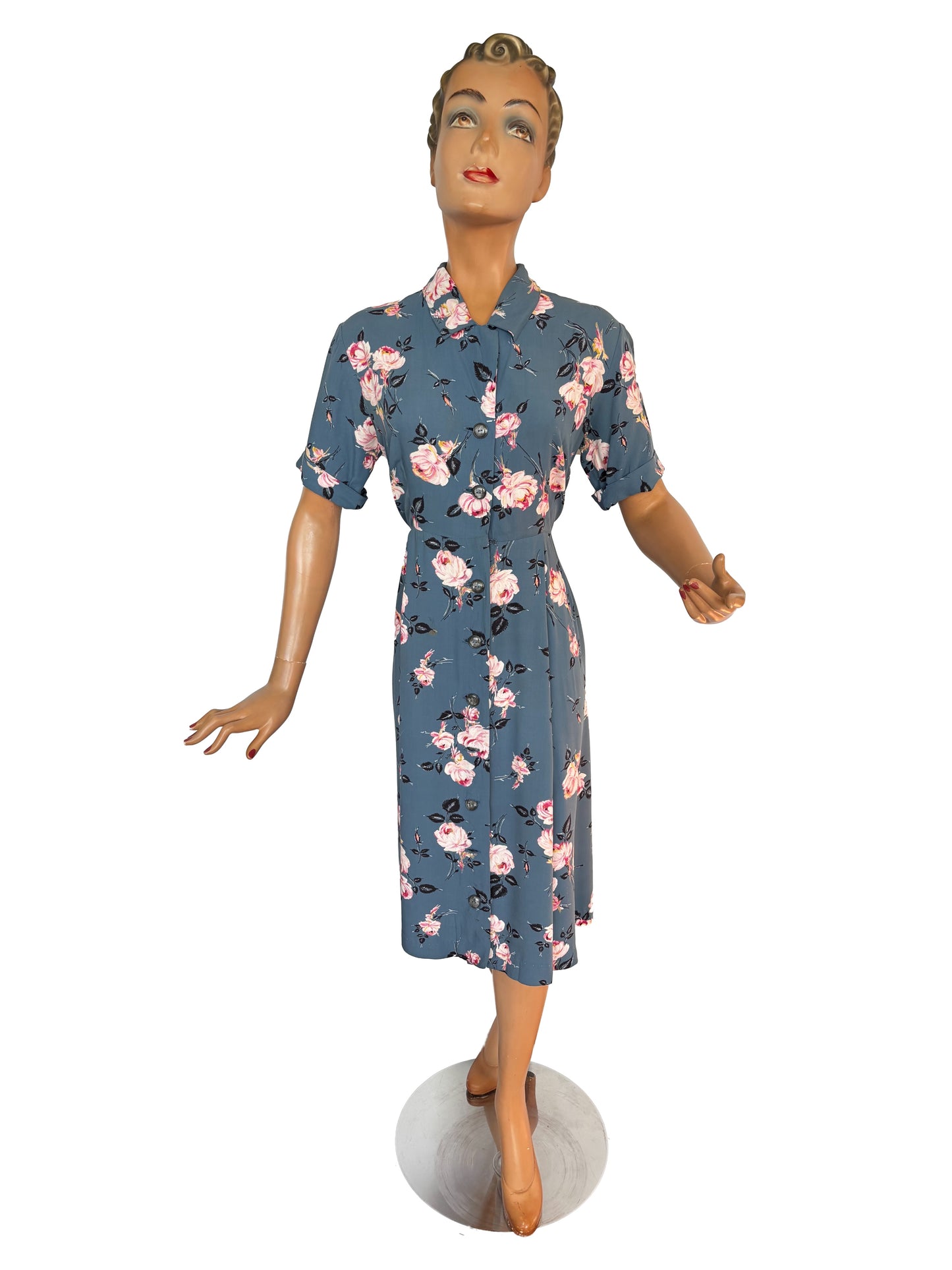 1940s Rayon Button Down Dress | L/XL