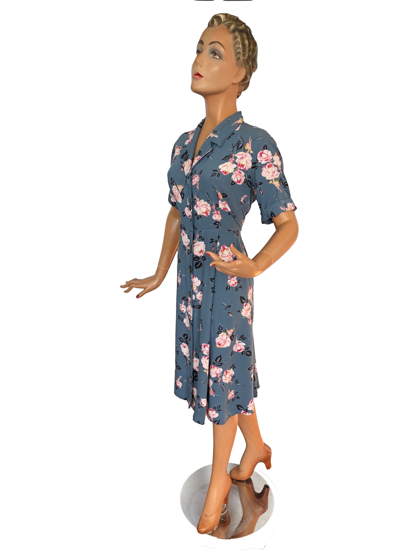 1940s Rayon Button Down Dress | L/XL