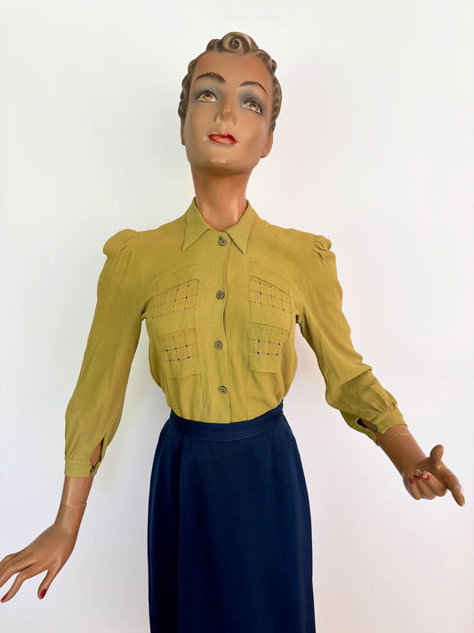 XS/S | 1930s/40s Chartreuse Rayon Crepe Blouse With Openwork Panels