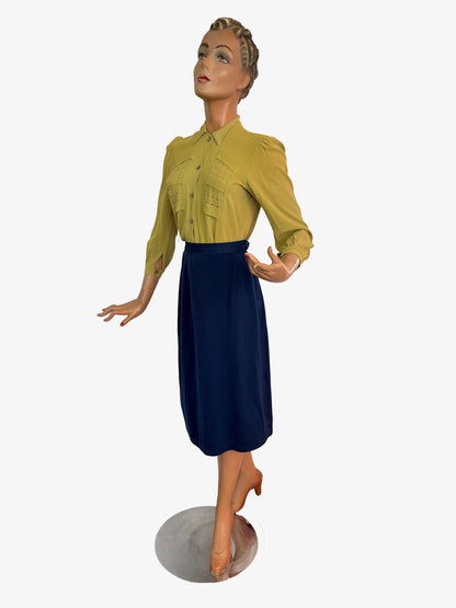 XS/S | 1930s/40s Chartreuse Rayon Crepe Blouse With Openwork Panels