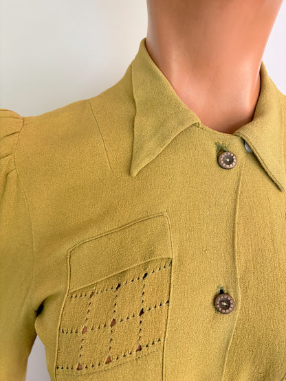 XS/S | 1930s/40s Chartreuse Rayon Crepe Blouse With Openwork Panels