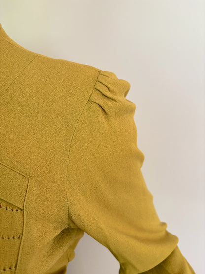 XS/S | 1930s/40s Chartreuse Rayon Crepe Blouse With Openwork Panels