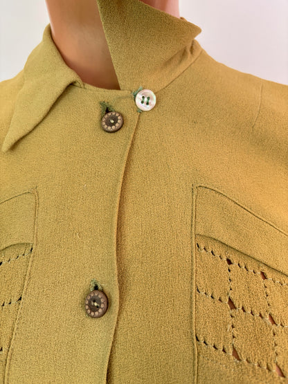 XS/S | 1930s/40s Chartreuse Rayon Crepe Blouse With Openwork Panels