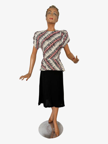 S | 1940s Style Asymmetric Peplum Dress