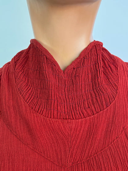 M | 1930s Brick Red Crinkle Crepe Dress With Puffed Sleeves