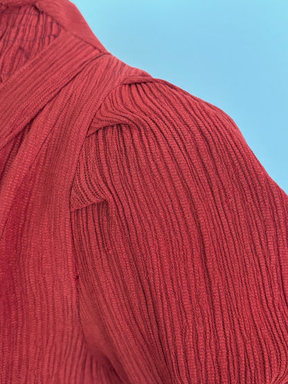 M | 1930s Brick Red Crinkle Crepe Dress With Puffed Sleeves