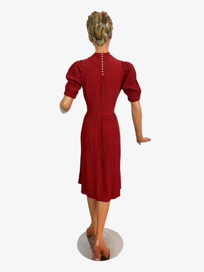 M | 1930s Brick Red Crinkle Crepe Dress With Puffed Sleeves