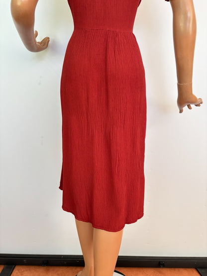 M | 1930s Brick Red Crinkle Crepe Dress With Puffed Sleeves