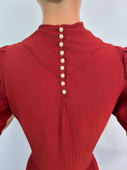 M | 1930s Brick Red Crinkle Crepe Dress With Puffed Sleeves
