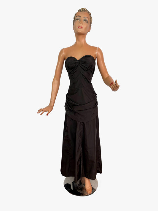 XS | 1950s Black Strapless Evening Dress with Bustle