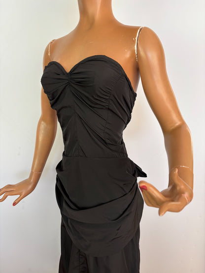 XS | 1950s Black Strapless Evening Dress with Bustle