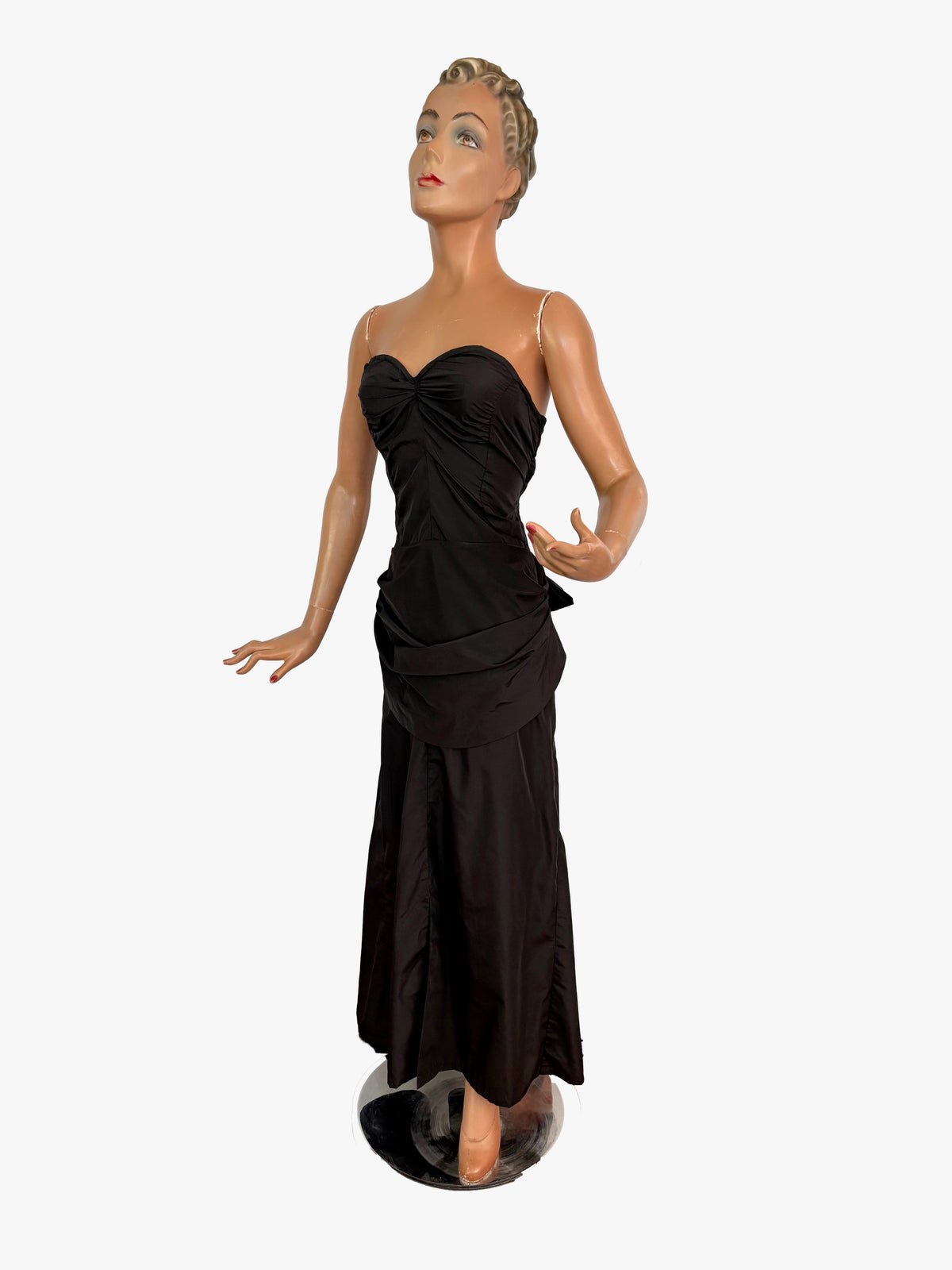 XS | 1950s Black Strapless Evening Dress with Bustle