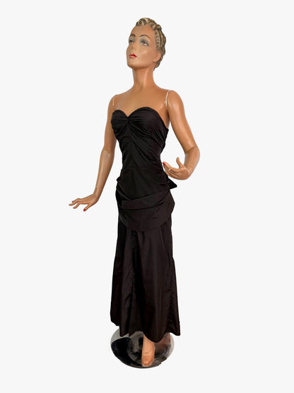 XS | 1950s Black Strapless Evening Dress with Bustle