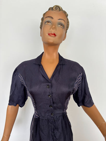 XL/XXL | 1940s Navy Blue Day Dress With Contrast Panels