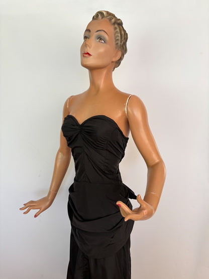 XS | 1950s Black Strapless Evening Dress with Bustle