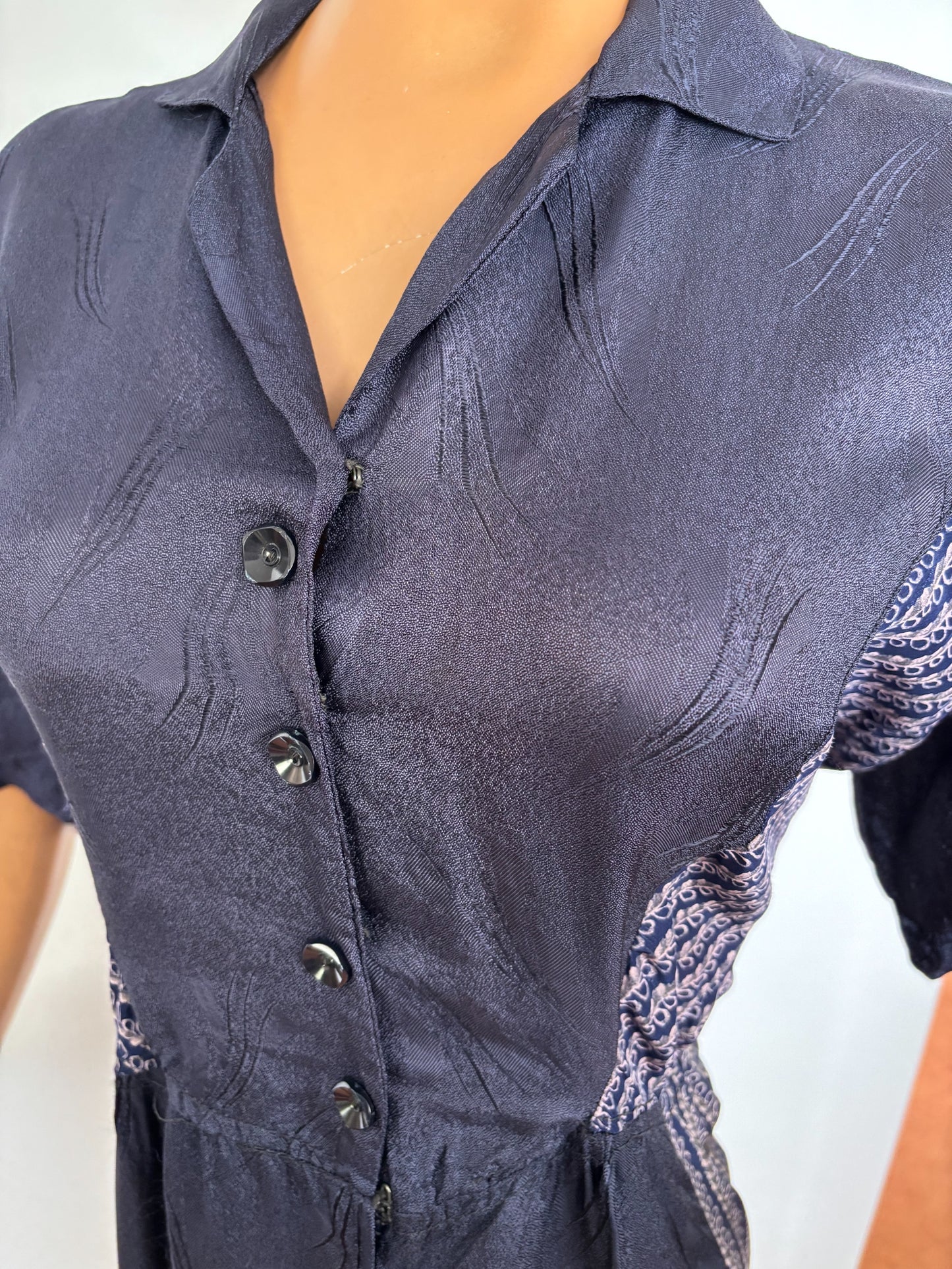 XL/XXL | 1940s Navy Blue Day Dress With Contrast Panels